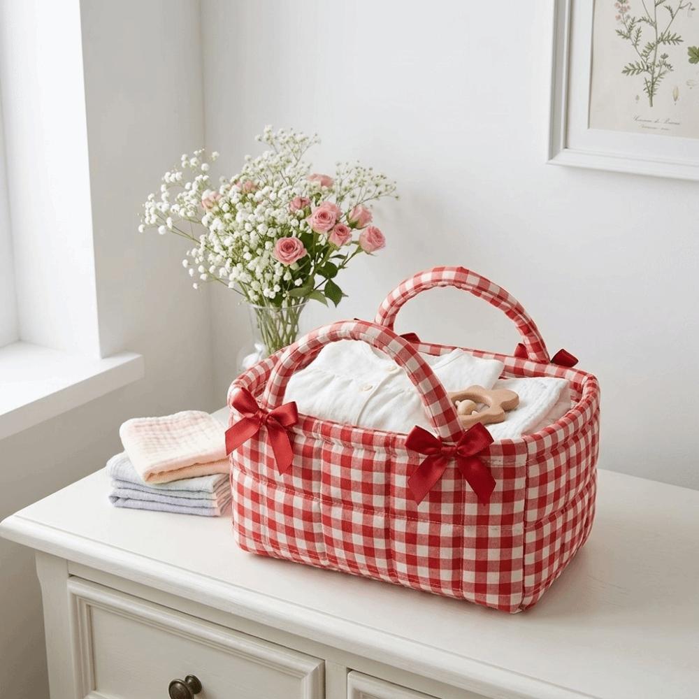 Bow Decor Picnic Bag Plaid Design Storage Basket French Style Fabric Organizer Daily