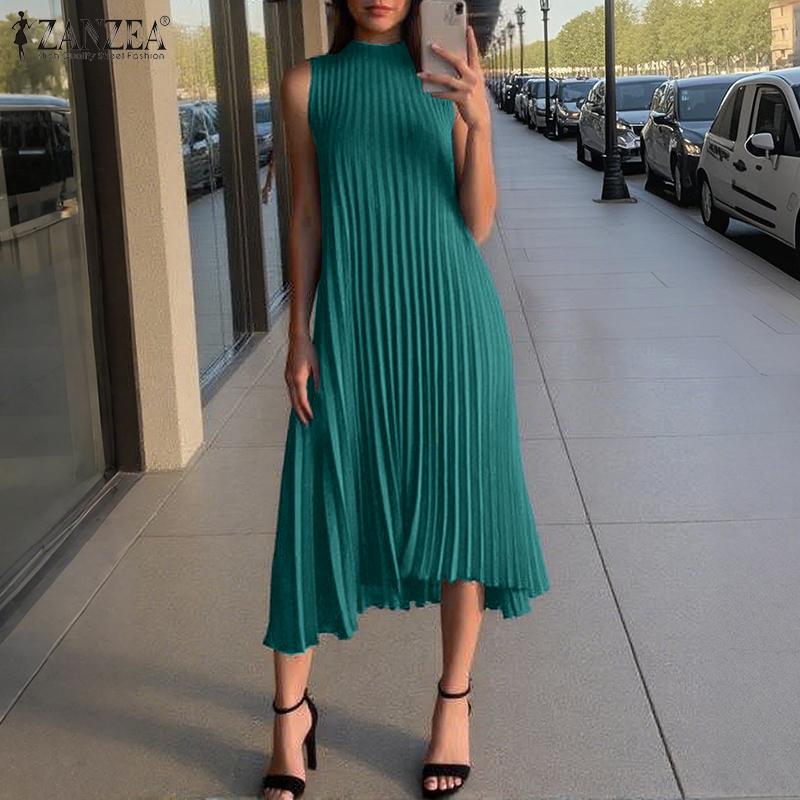 ZANZEA Женское летнее повседневное однотонное свободное безрукавное плиссированное платье