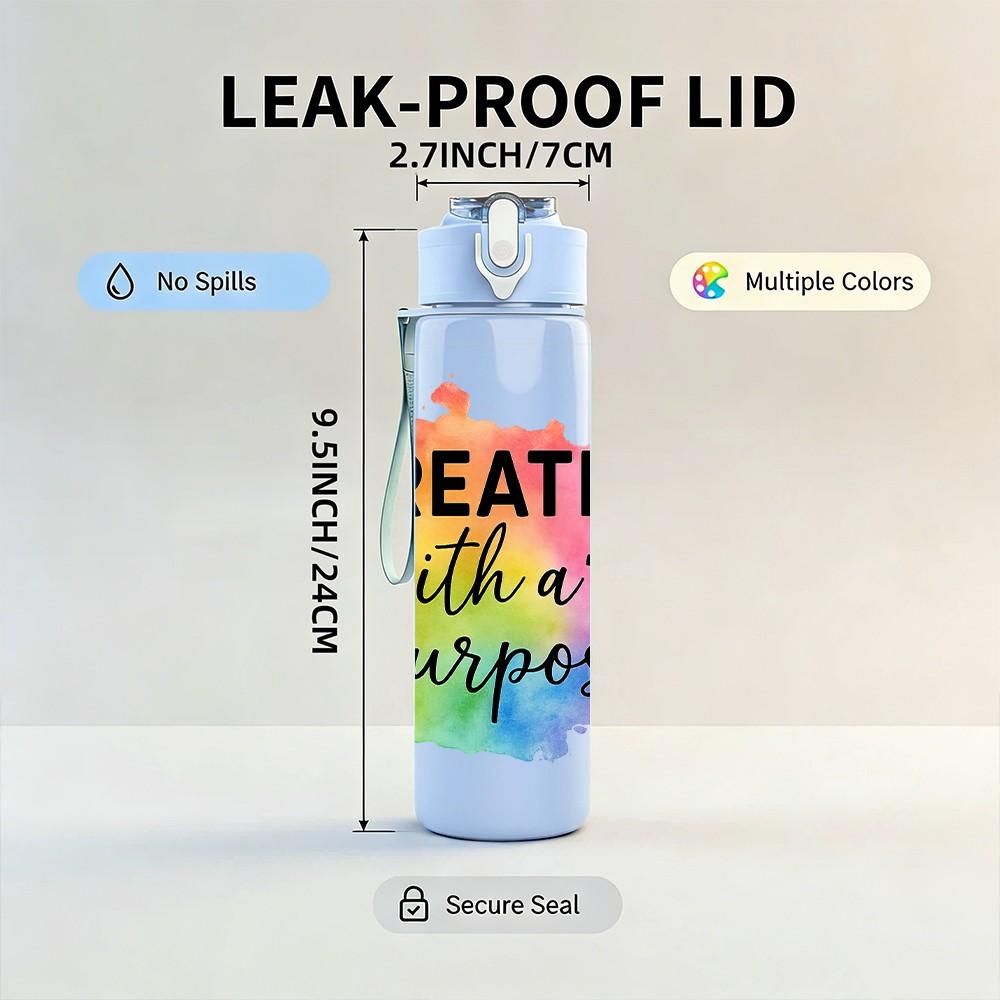 1PC Created With Purpose Cross Quote Pattern 750ml Color Plastic Sports Water Bottle Leakproof Flip Straw Lid Suitable for Sports Office Home Use