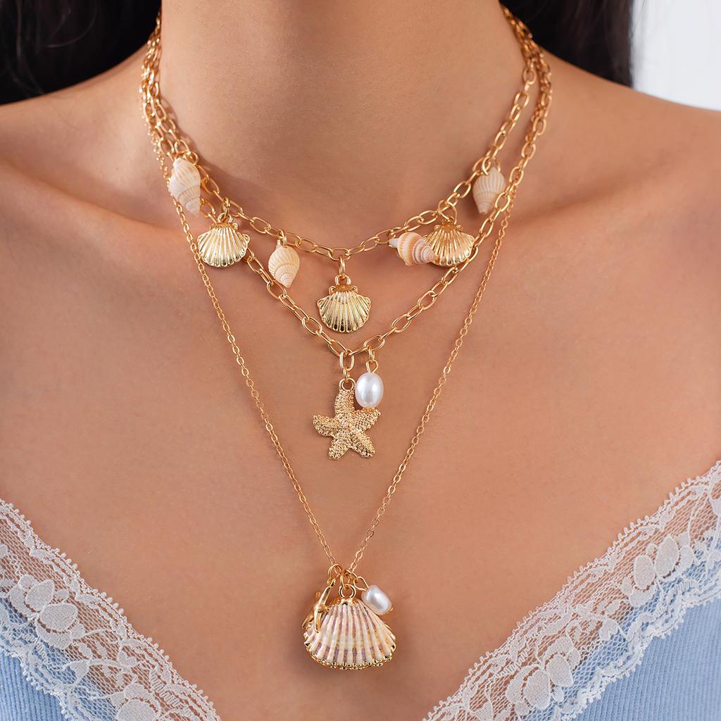 3Pcs/Set Vintage Starfish Conch Pendant Necklace Women Bohemia Multilayer Gold Color Chain Jewelry Accessories
