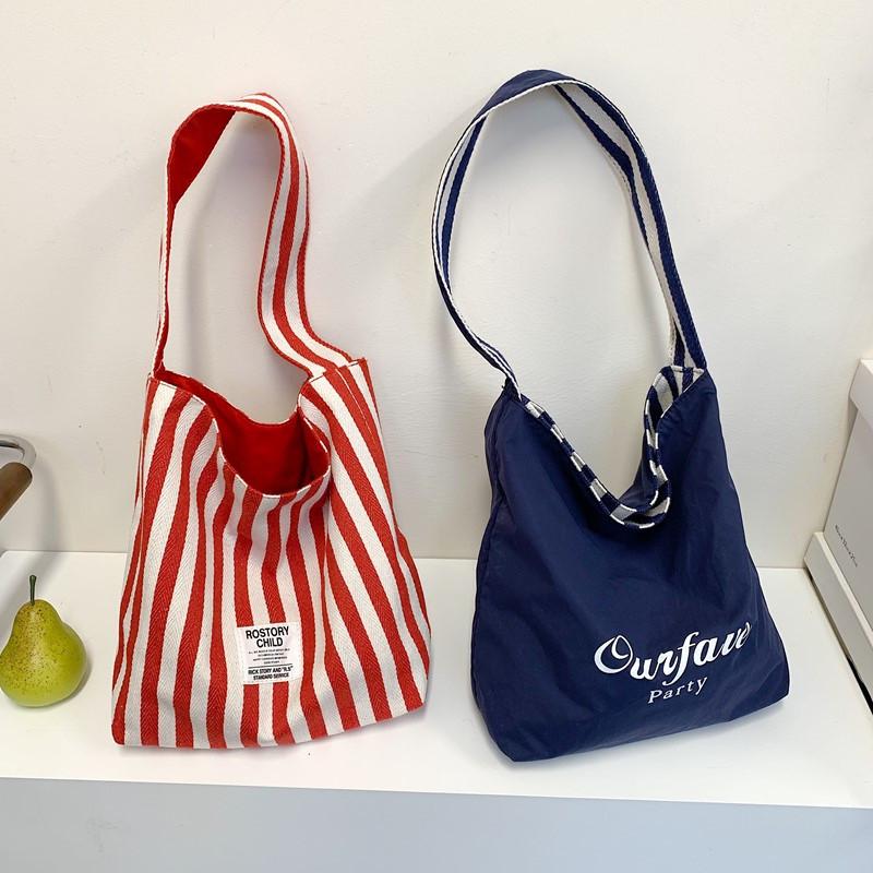 Canvas Tote Bag For Women With Stylish Stripes And Two Sided Design For Daily Use
