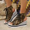 Women'S Leopard Print Wedge Sandals - Stylish Open-Toe, Lace-Up Ankle Strap, Comfortable High Heel with Metallic Accents, All-Season Footwear