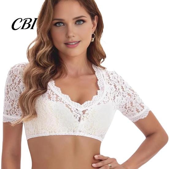 Oktoberfest Costume Blouse Women Floral Lace Crop Top, Bavarian German Beer Festival Shirt Dirndl Blouse, Short Sleeved Sheer Cropped Sleeve Tee