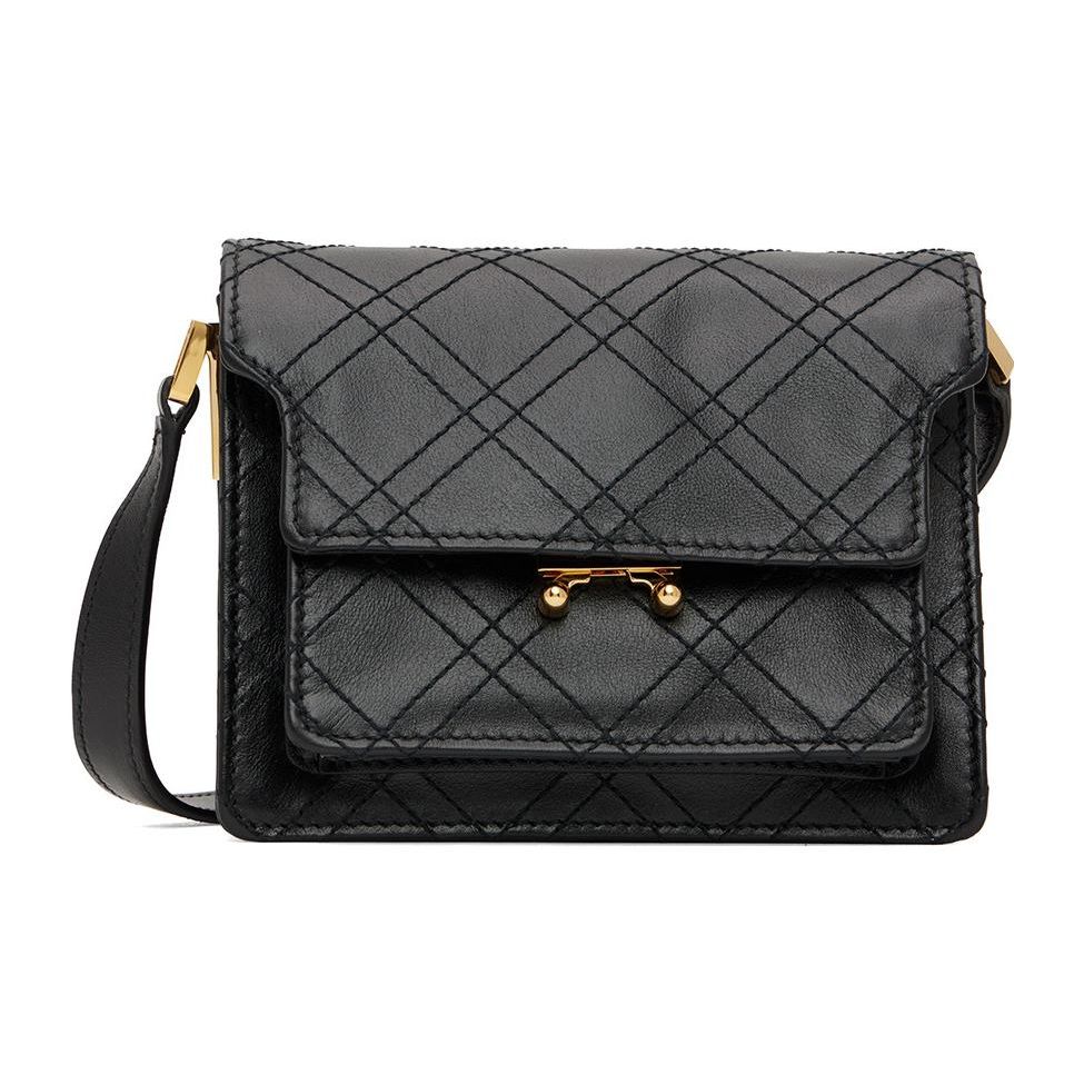 Marni Trunk Gold Hardware Decorated Pebbled Calfskin Crossbody Shoulder Bag Women Bags Black SBMP0075L3P527200N99