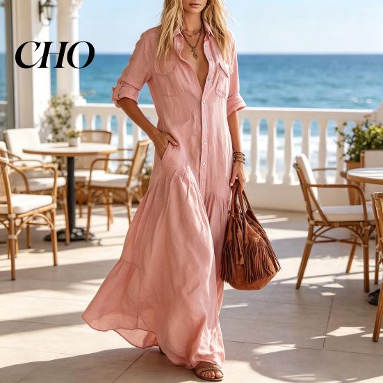 Comfortable Women Dress Women's Short Sleeve Maxi Shirt Dress, Button Down Lapel V Neck Summer Flowy Long Casual Ruffle A-line with Pockets
