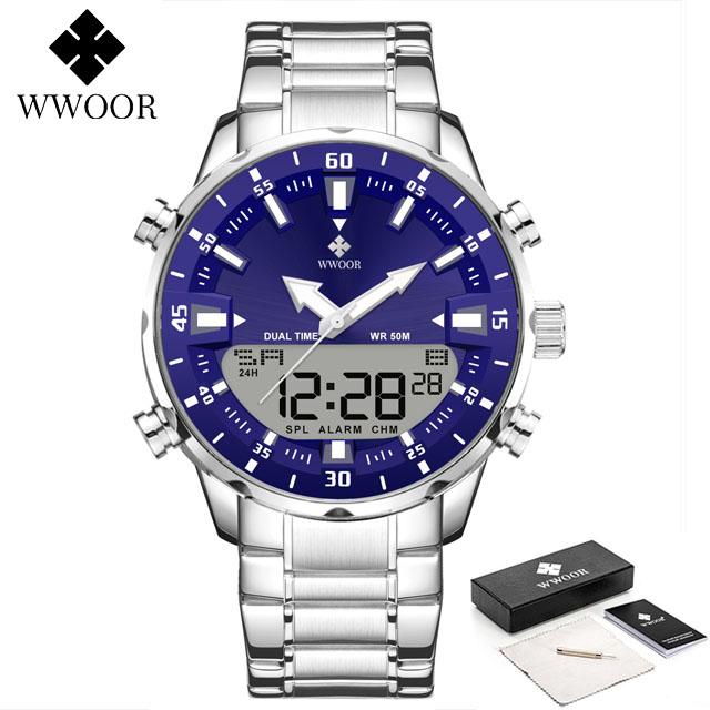 WWOOR New Sport Watch For Men Dual Display LED Quartz Wristwatch Full Steel Luxury Watch Men Clock Chronograph Relogio Masculino
