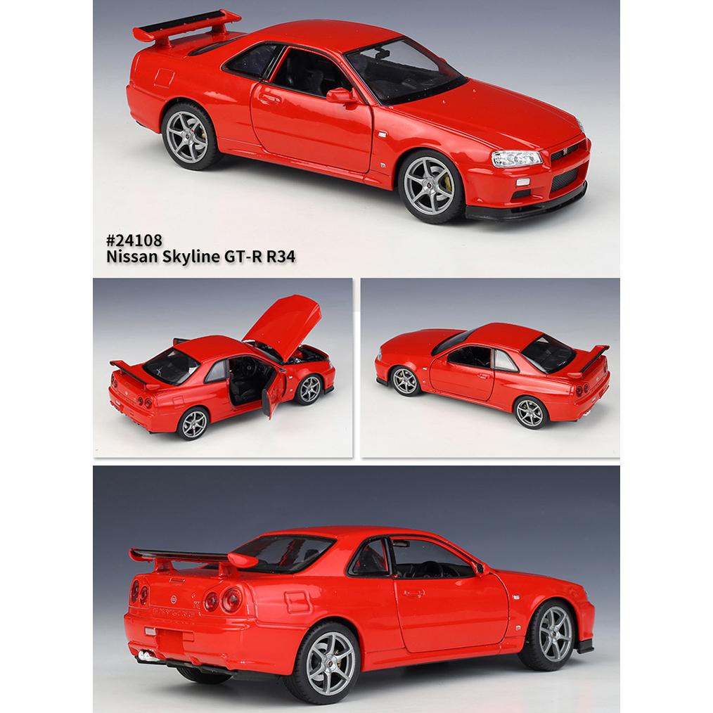 Масштаб 1/24 WELLY Nissan Skyline GT-R R34, модель автомобиля из сплава, литье под давлением, металлические игрушечные автомобили, модель автомобиля, коллекция высокой имитации, детские подарки