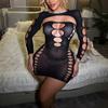 Sexy Lingerie European and American Long Sleeve Sexy Cutout Hip Skirt One-Piece Tight See-through Fishnet Clothes Hot Girl Suit