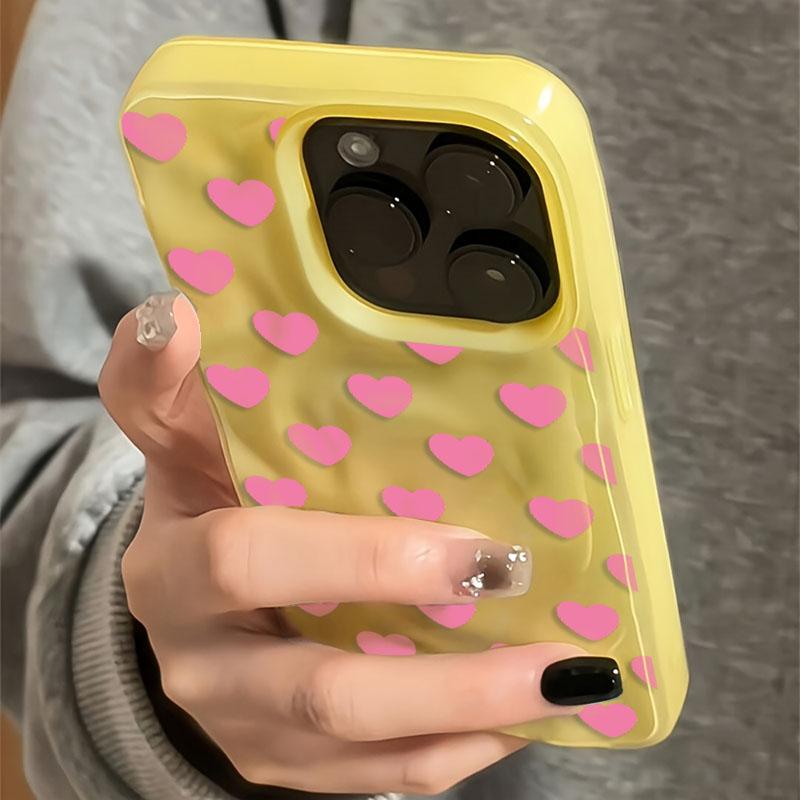 INS Корейский Розовый Сердечный Складчатый Текстурный Чехол Для iPhone 17 16 15 14 13 12 11 Pro Max 16 Plus Конфетный Цвет Ударопрочный Мягкий Задний Чехол