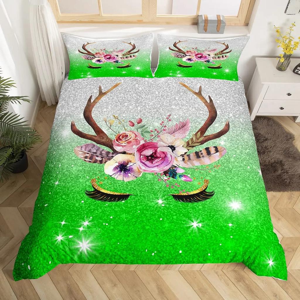 Unicorn Eyelas Duvet Cover Gradient Red and Purple Rainbow Golden Long Lashes Glittering Polyester Bedroom Decorations Women Kid