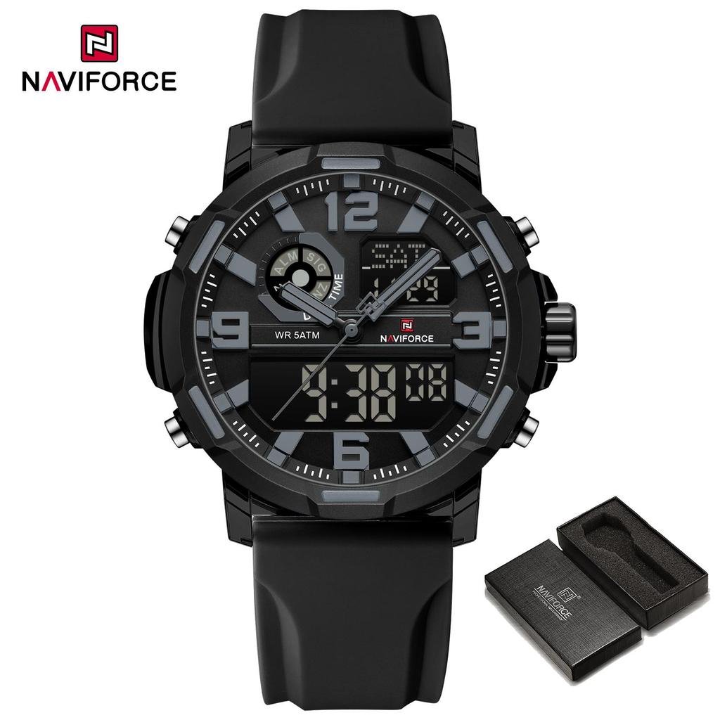 Naviforce Оригинальные мужские часы с двойным временем, кварцевый механизм, ЖК-дисплей, цифровые, силиконовый ремешок, водонепроницаемые, календарь, дата, ночной узор, мужские часы NF7130