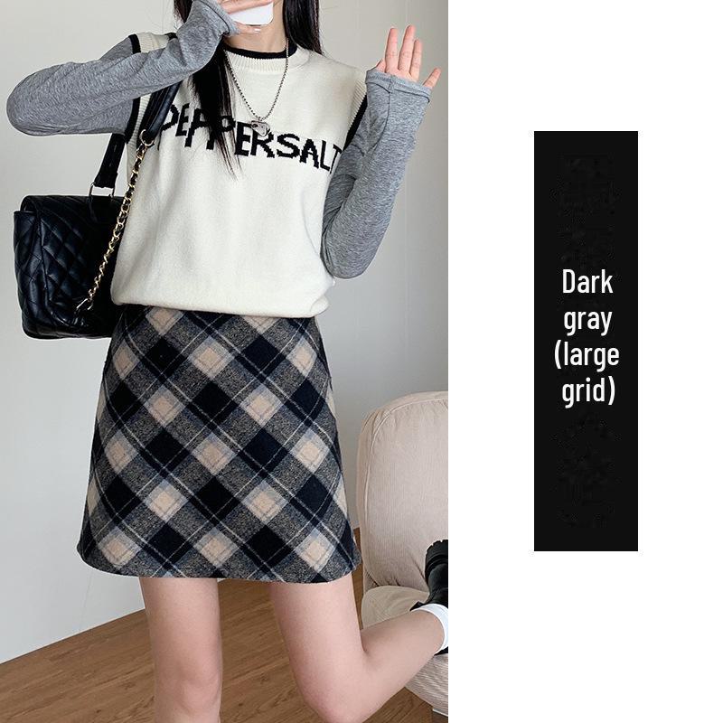2024 High-Waist Plaid Woolen A-Line Skirt: Autumn/Winter College Style