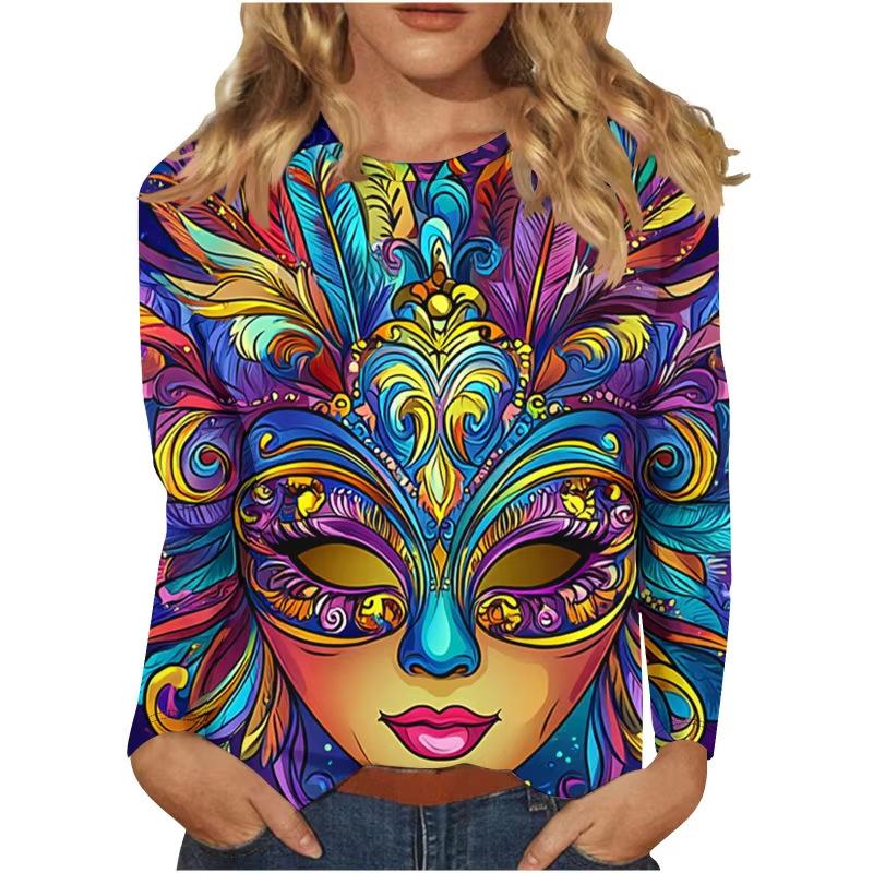 3D Mardi Gras Mask Printed Top Casual Long Sleeved Women's T-shirts - Soft Medium Stretch Polyester Fabric Spring and Autumn Relaxed Fit Clothing