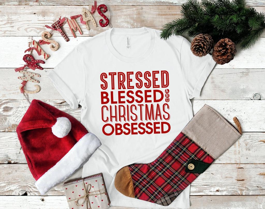 Stressed Blessed and Christmas Obsessed Graphic Tee