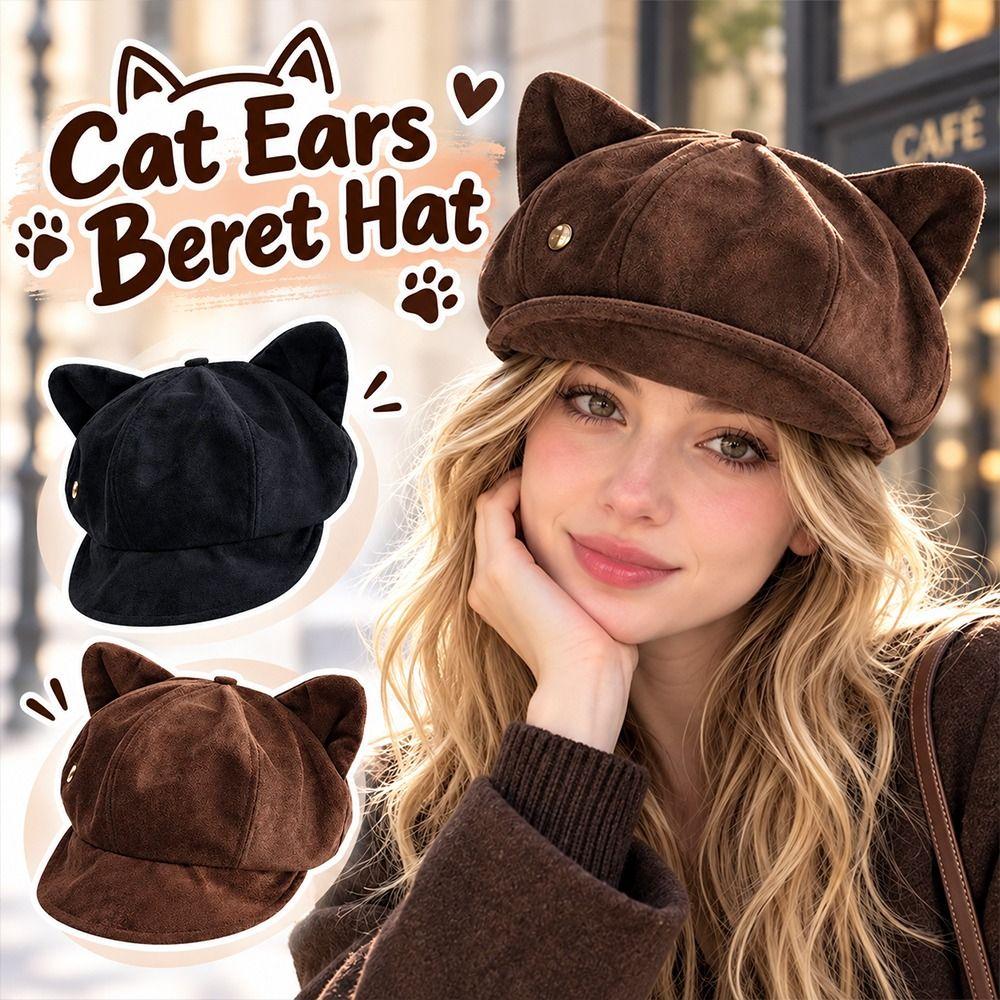 Solid Color Cat Ears Hat Soft Fabric Octagonal Hat Vintage Peaked Cap Autumn Winter