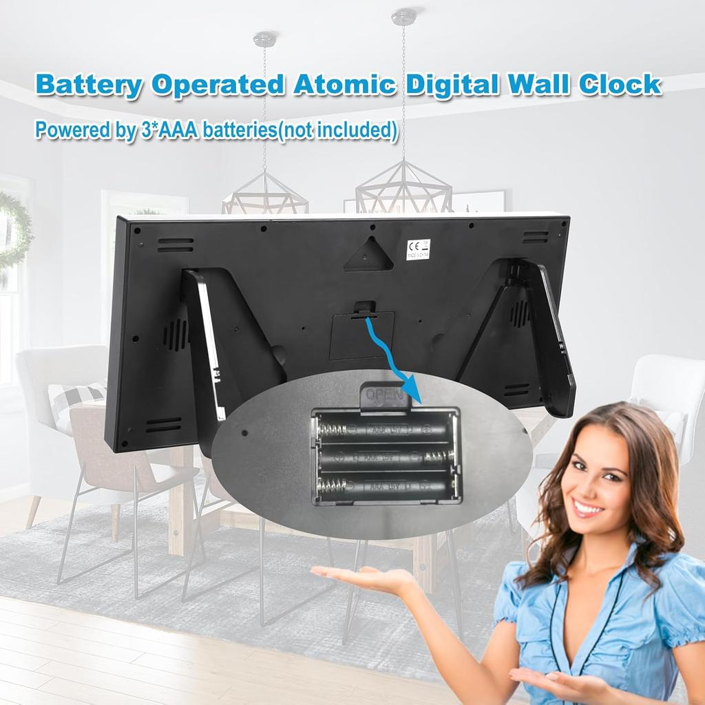 16" Atomic Clock Large Digital Wall Clock Battery Operated Large Display with Big Numbers,Temperature and Date - Easy to Read and Set,Auto DST