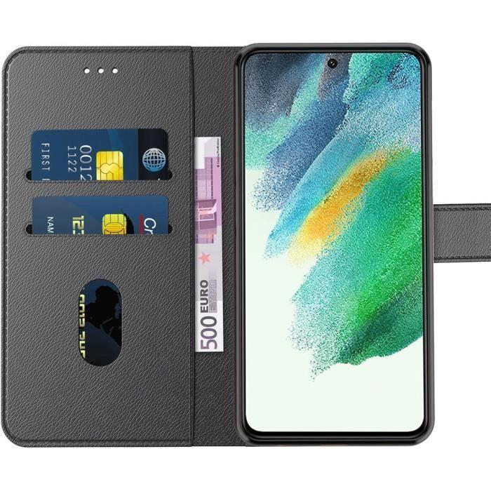Coque - Booling - pour Samsung Galaxy S21 - avec 2 Verres Trempés - Rabas - Effet Cuir - Noir