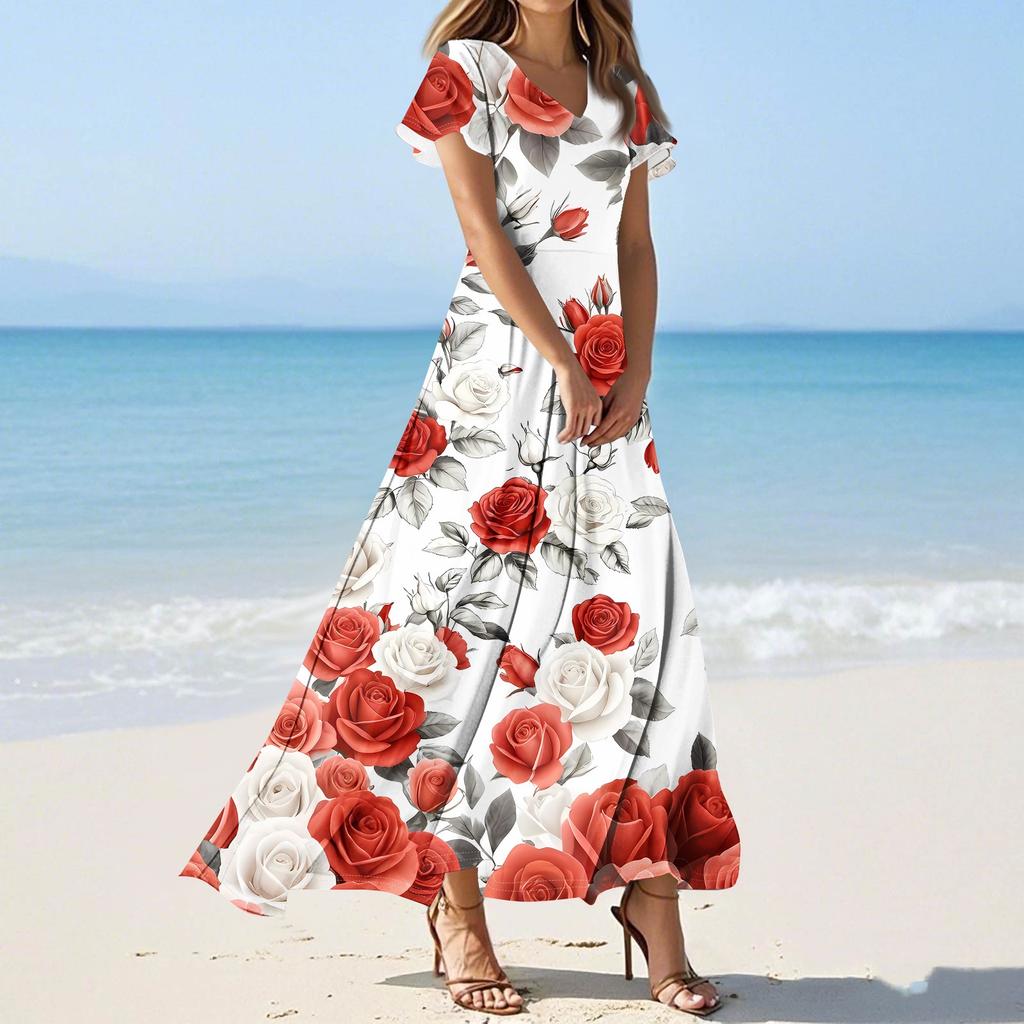 Женские повседневные модные длинные платья с принтом, платья с V-образным вырезом и коротким рукавом