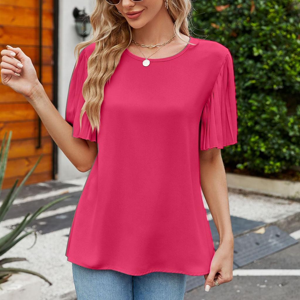 Женский свободный повседневный топ с круглым вырезом и однотонным складным рукавом-трубой