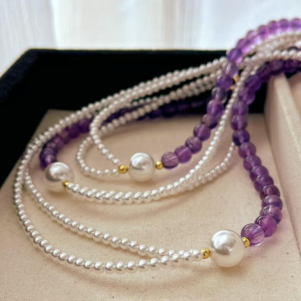 Vintage Artificial Crystal Pearl Natural Amethyst Design Clavicle Chain Necklace