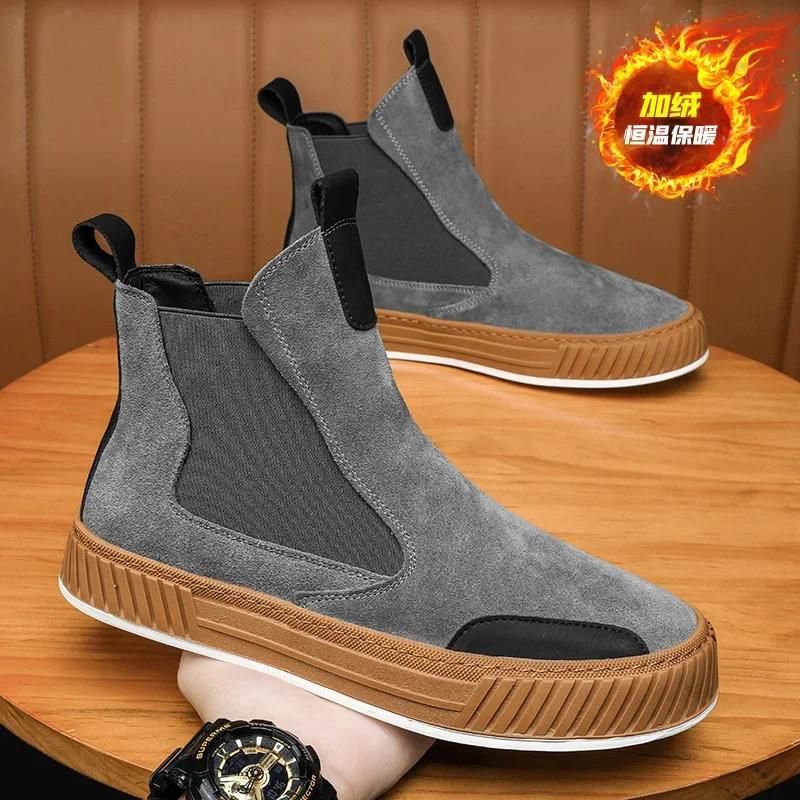 Ботильоны мужские из искусственной замши, теплые мужские ботинки челси, хлопковые зимние ботинки без застежек для мужчин, повседневная обувь в стиле ретро Botines Para Mujere