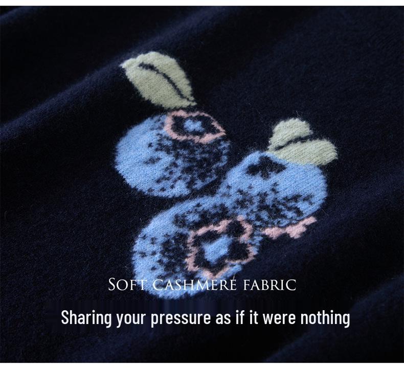 Women's Blueberry Jacquard Pure Cashmere Round Neck Pullover Sweater - Long Sleeve Autumn/Winter Knit Base Layer