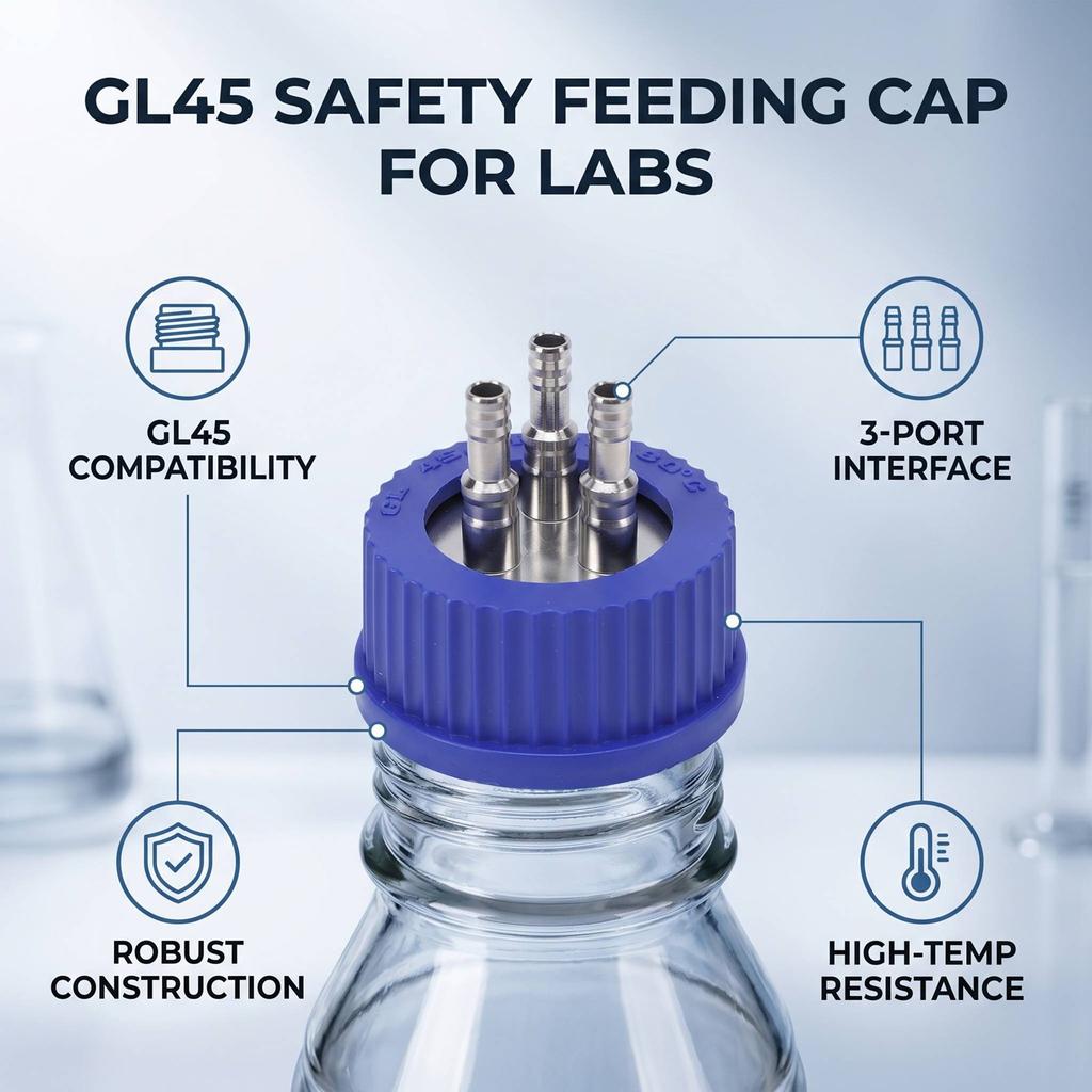 GL45 Safety Feeding Cap with 3 Port 304 Stainless Steel Interface Sampling Liquid Mobile Phase Filling Cap 6 8mm