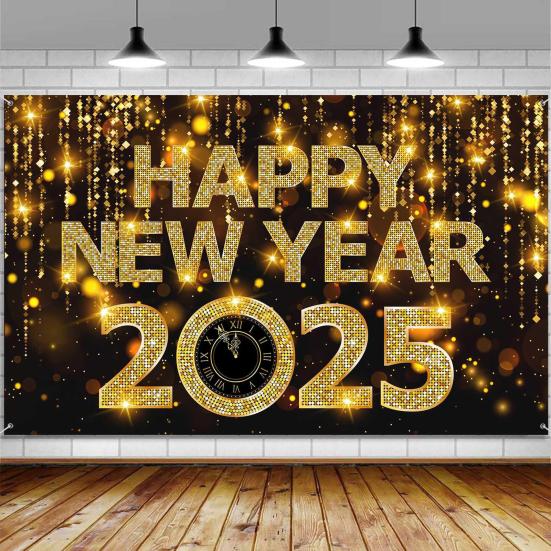 2025 С Новым годом Фон Блестящий Новогодний Подвесной Баннер Черный И Золотой Фото Фон для Домашнего Офиса Вечеринка Декор