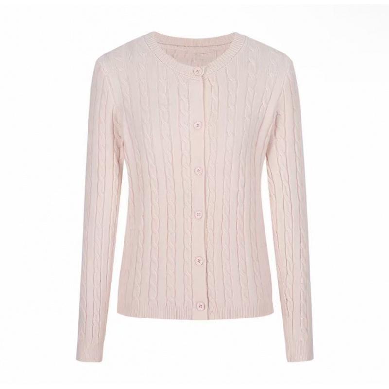 Li Meizi Pink Cable Knit Cardigan: Versatile Round Neck Sweater, Long Sleeve for Autumn/Winter