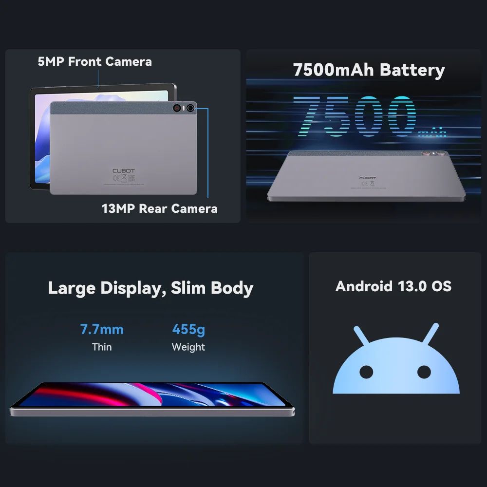 Cubot TAB 50, планшет Android 13, Helio G99, восьмиъядерный процессор, 8 ГБ ОЗУ, 256 ГБ встроенной памяти, 10,4-дюймовый дисплей 2K, массивный аккумулятор 7500 мАч, 4G, WIFI, GPS, OTG