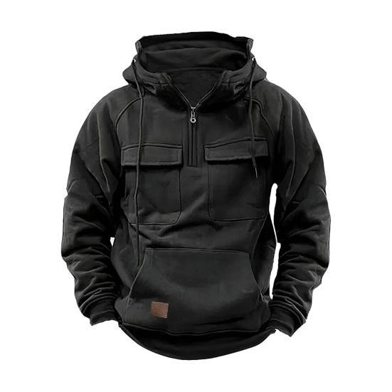 Men's Large Patch Pocket Drawstring Long Sleeve Half-Zip Hoodie