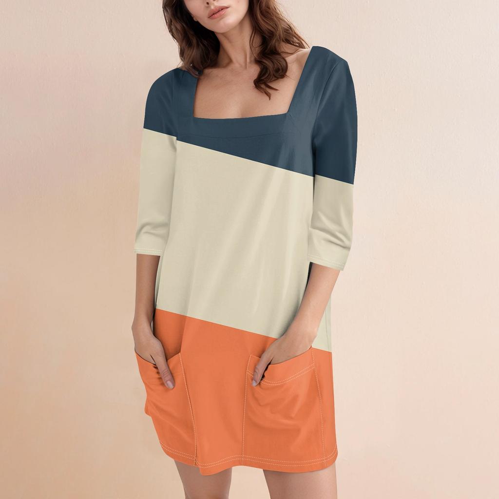 Женское модное повседневное короткое платье с квадратным вырезом и рукавом 3/4