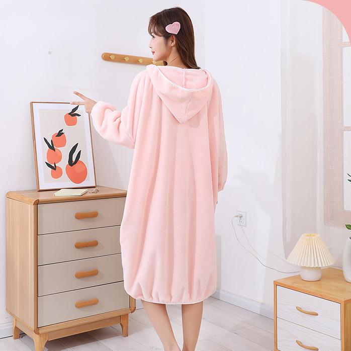 Весенне-осенние длинные домашние халаты для женщин, можно носить впитывающие банные полотенца, коралловые бархатные утолщенные бытовые банные юбки с длинными рукавами и капюшоном