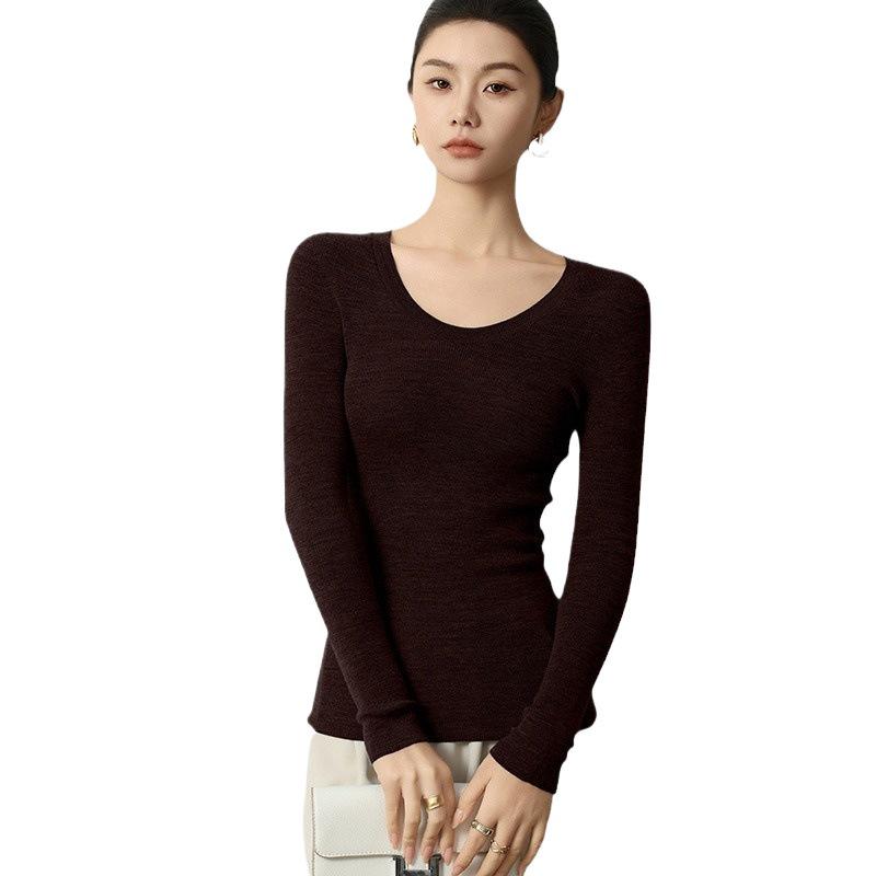 Женский тонкий шерстяной свитер Mengyi весенний, 18-й калибр, с U-образным вырезом, приталенный