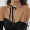 Salircon Korean Romantic Imitation Pearl Beaded Choker Fashion Black Velvet Adjustable Bow Necklace Banquet Wedding Jewelry