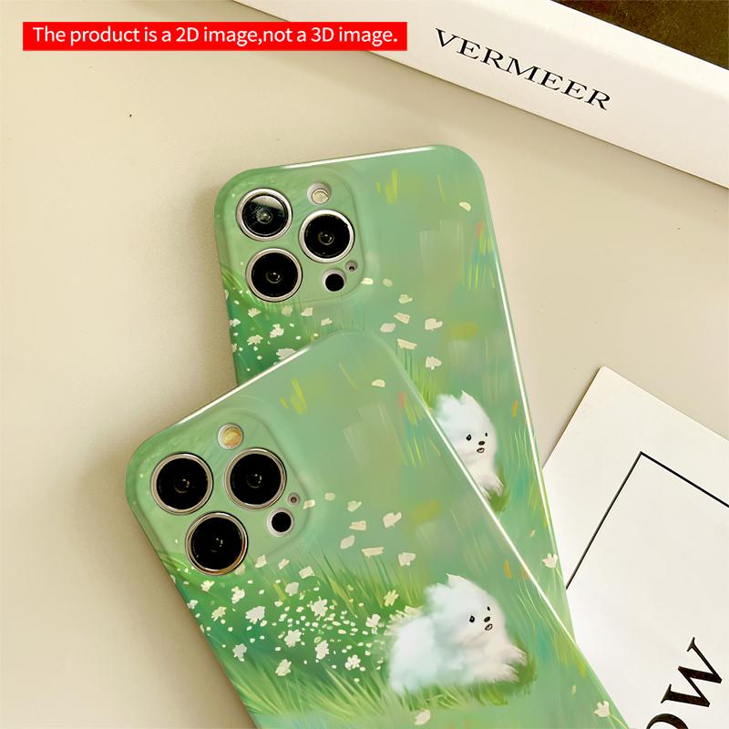 2DFlat White Pup in Dreamy Green Meadow All inclusive film hard iPhone case, compatible with iPhone 18 Pro Max 17 16 15 14 13 12 11