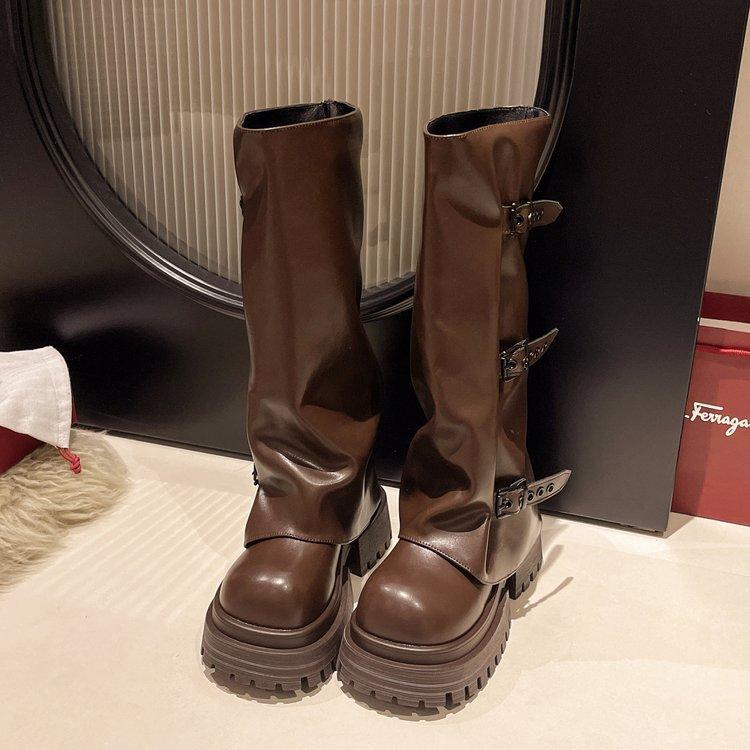 High Leg Boots Women Autumn Winter  New Sleeve Knight Boots Thick Soles Belt Buckles That Cannot Reach The Knee, Long Boots