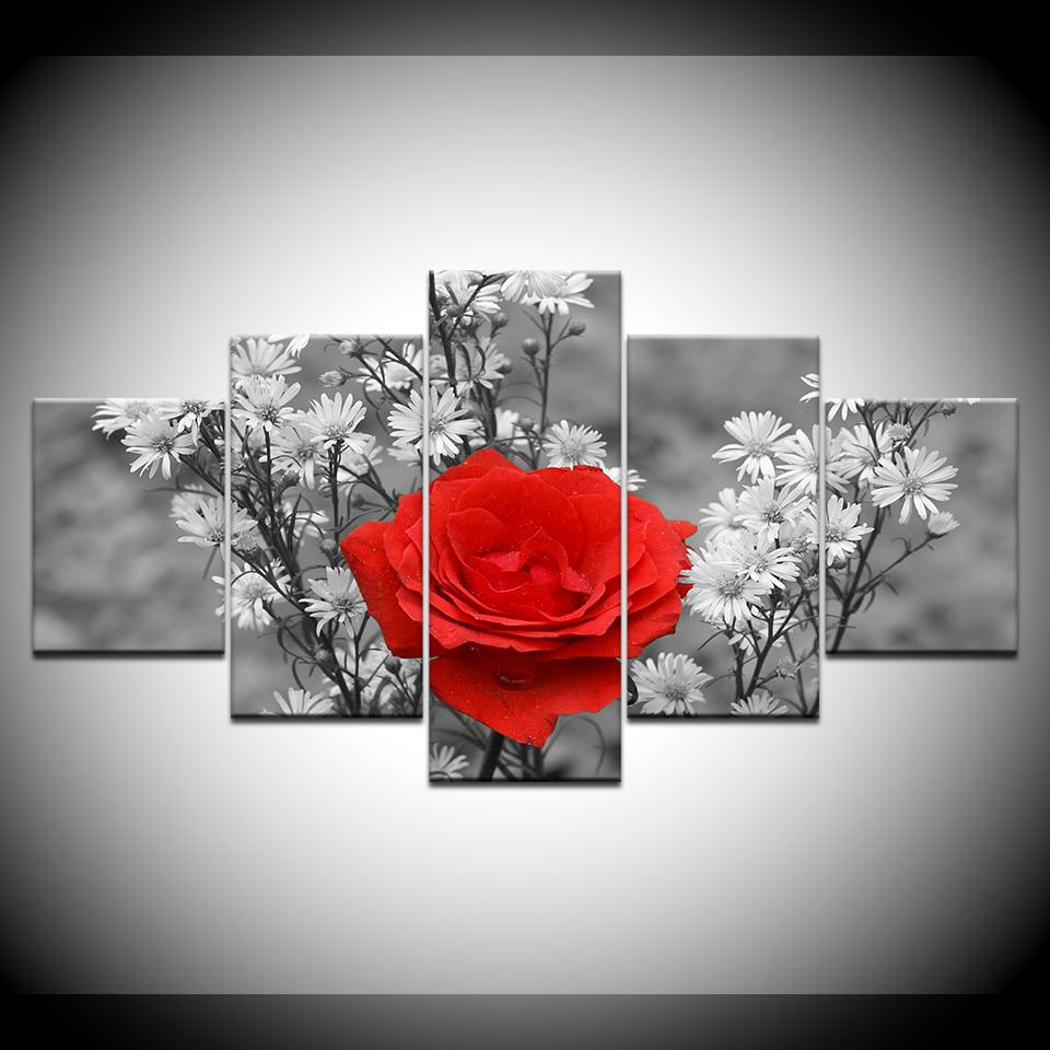 Wall Art Canvas Picture Painting 5 Panels Red Rose Home Modern Modular Living Room Decorative Artwork