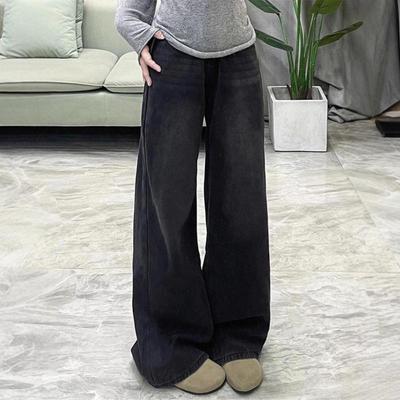 Женские черные серые джинсы широкие: Осень, Свободный крой, Большой размер, Стройнящий для фигуры типа «груша», Прямой стиль