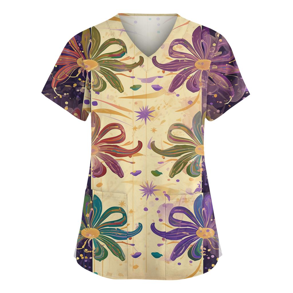 Женский модный рабочий топ с V-образным вырезом, принтом, короткими рукавами, карманом, боковым разрезом, базовый пуловер