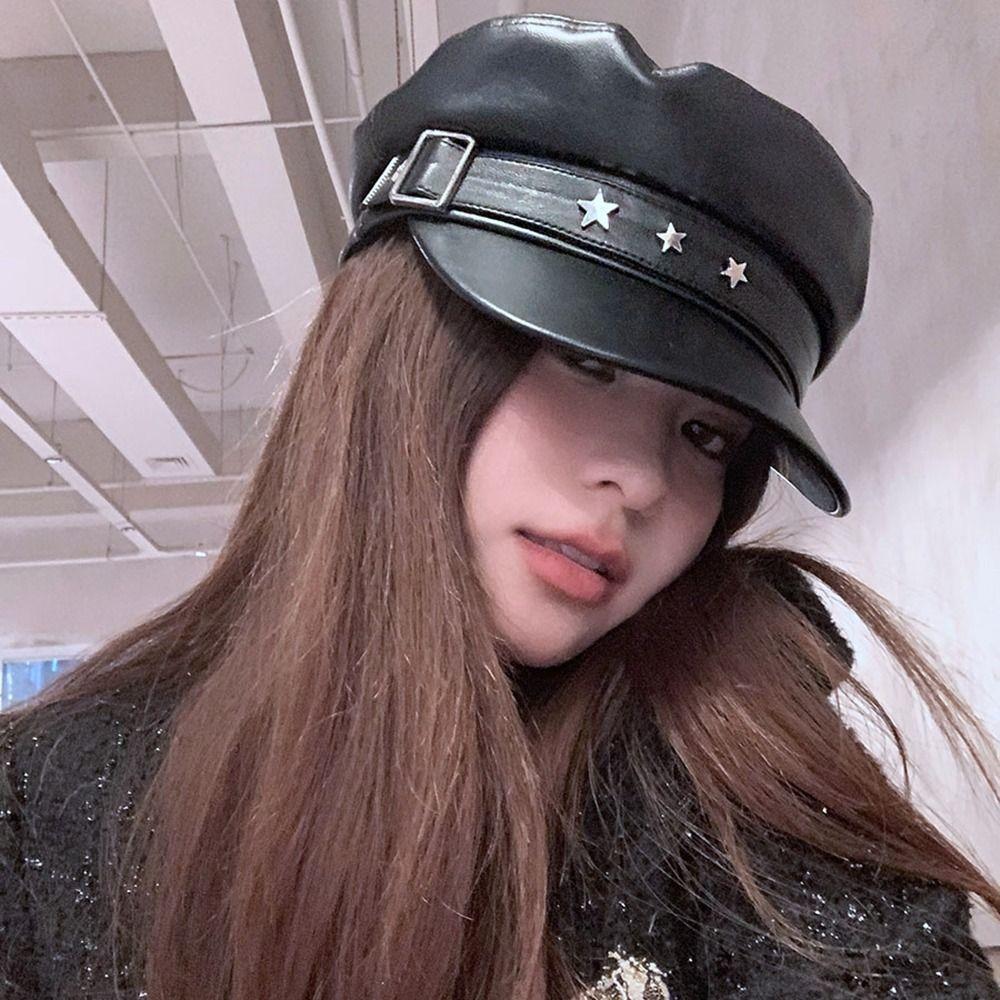 British Style Pu Leather Beret Star Painter Hat Personality Octagonal Hat Outdoor