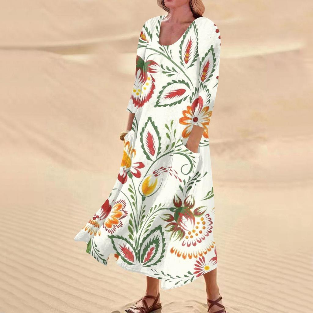 Женское повседневное удобное хлопковое карманное платье с цветочным принтом и рукавами три четверти