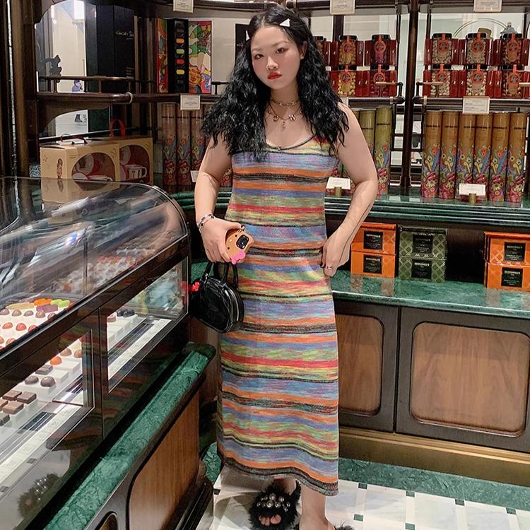 Dimanaf Новое летнее женское длинное трикотажное платье без рукавов в полоску большого размера, базовые модные платья свободного покроя 2025