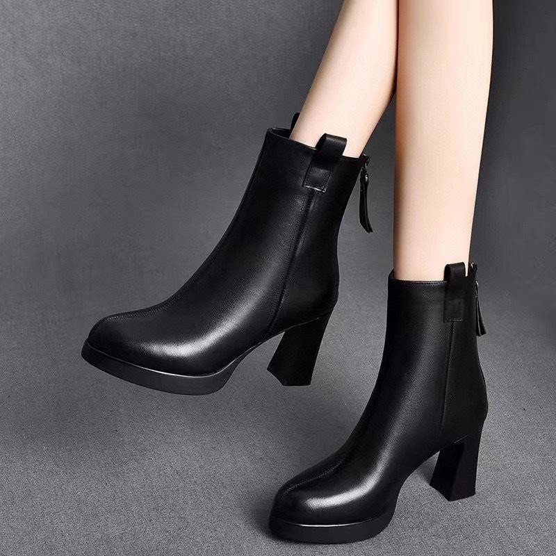Leather Boots Women's New Pointed Thick Heel High Heel Short Boots Fashion Boots Rear Zipper Women's Boots Cotton Boots