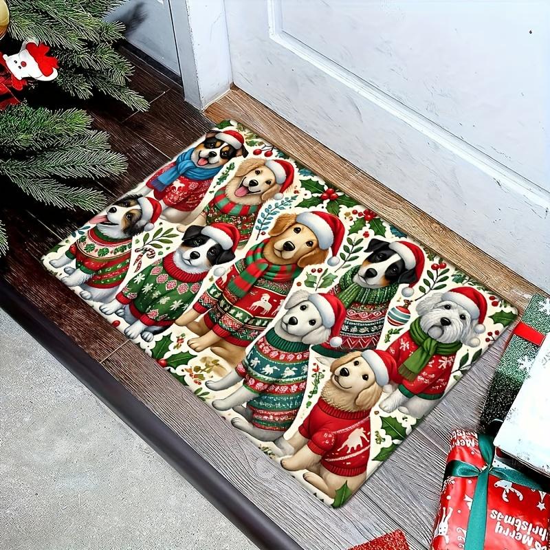 Christmas Dog Doormat Festive Flannel Rug, Non-Slip Low Pile Sponge Machine Washable Door Carpet for Home Decor