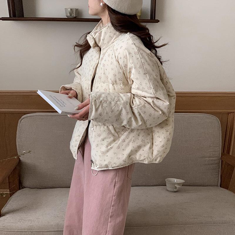 Короткая женская куртка-пуховик с цветочным принтом 2024 года, пасторальная, маленькая, белая, на пуху, куртка из утиного пуха