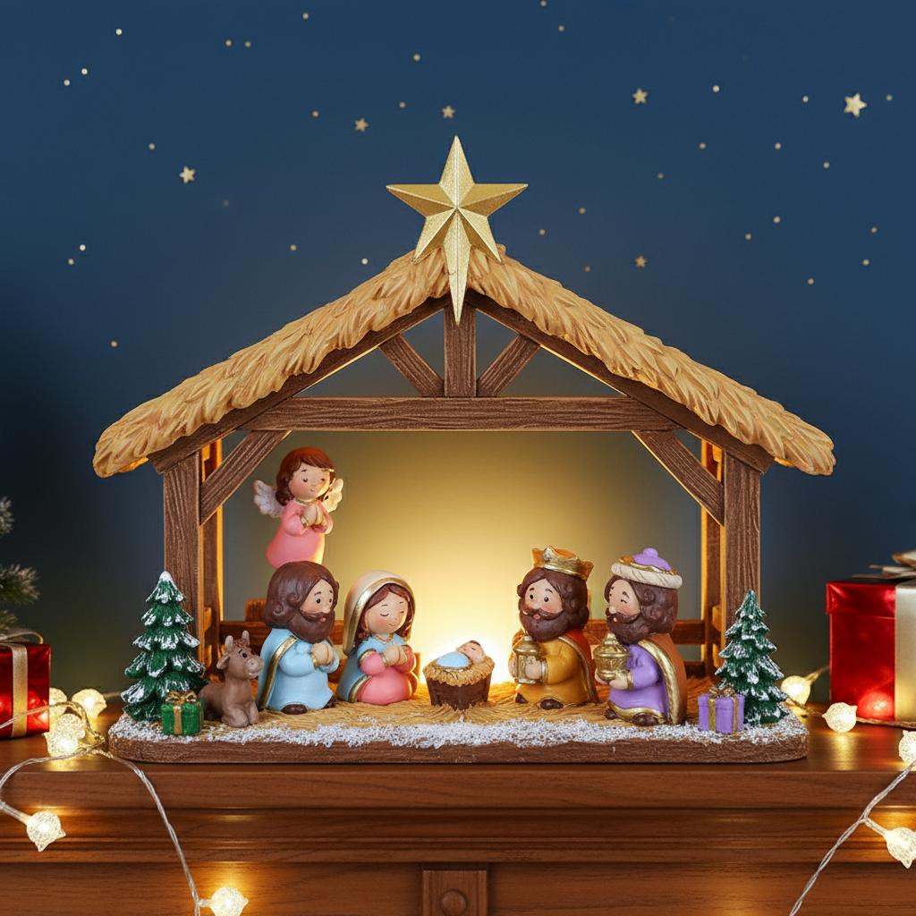 Christmas Manger Scene Figurine Set Cartoon Nativity Characters Decorative Ornament For Holiday Home Decoration And Gift Giving