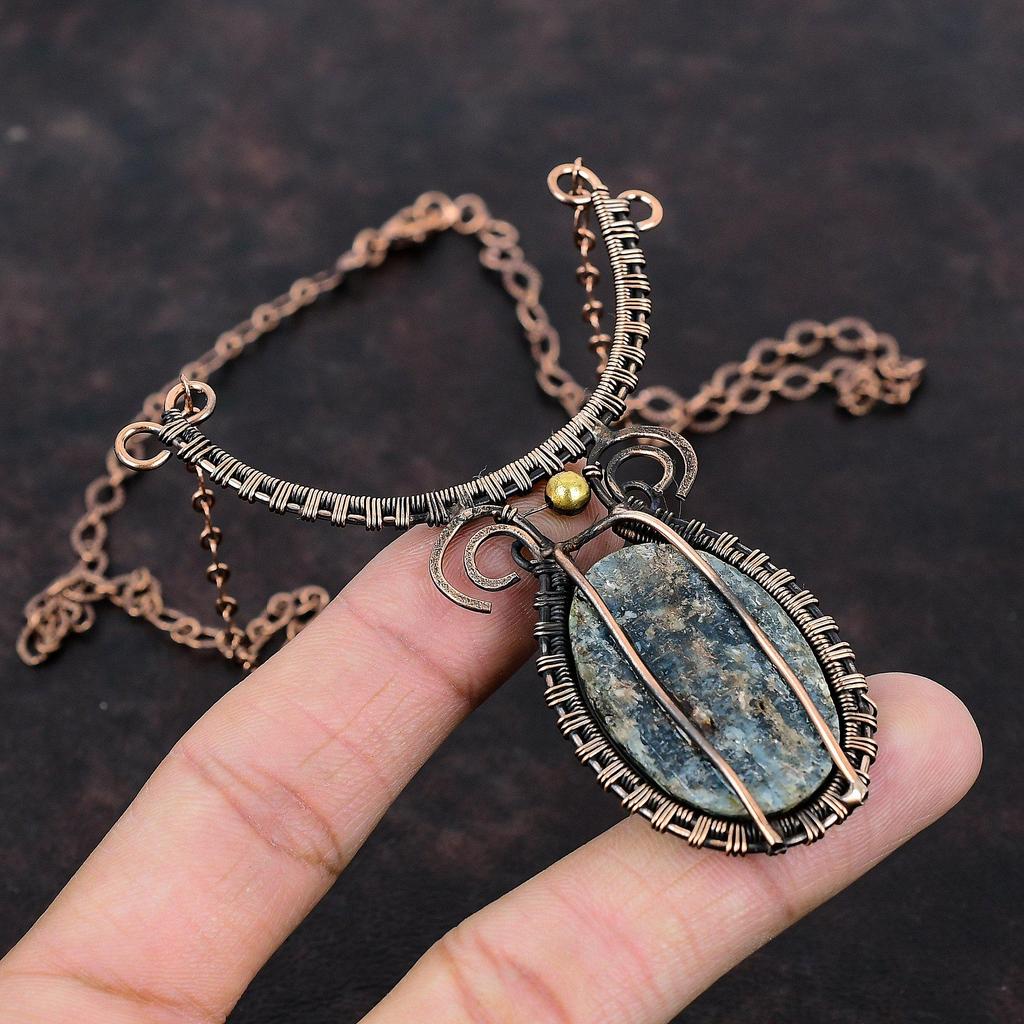 Ожерелье из кианита, ожерелье из медной проволоки, регулируемое ожерелье ручной работы, изумительное медное ювелирное изделие, ожерелье из настоящего драгоценного камня, подарок на помолвку