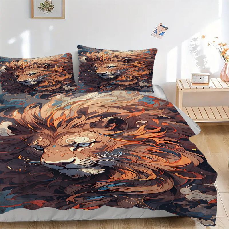 3pcs Lion Print Duvet Cover Set, Cover For Bedroom Guest Room (1 Duvet Cover + 2 Pillowcase, Without Quilt), yy250922233
