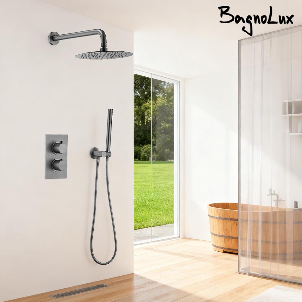Система для душа в ванной Gunmetal Термостатический смеситель для душа 8-12 дюймов Лейка тропического душа Sistema De Ducha Набор для душа Цельная латунь